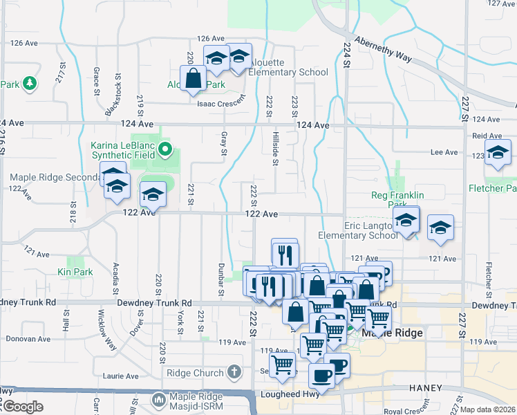 map of restaurants, bars, coffee shops, grocery stores, and more near 22213 122 Avenue in Maple Ridge