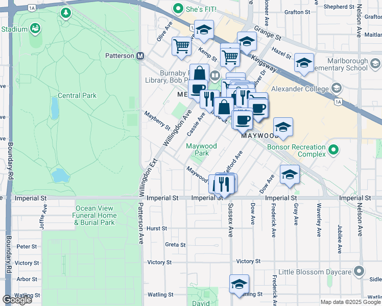 map of restaurants, bars, coffee shops, grocery stores, and more near in Burnaby