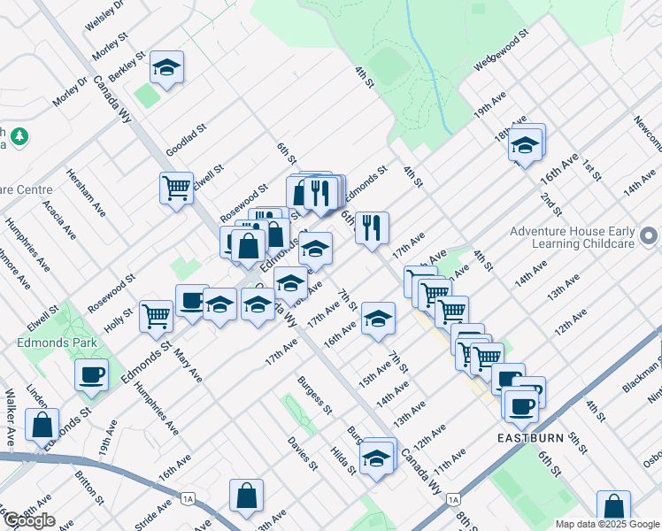 map of restaurants, bars, coffee shops, grocery stores, and more near 7813 18th Avenue in Burnaby