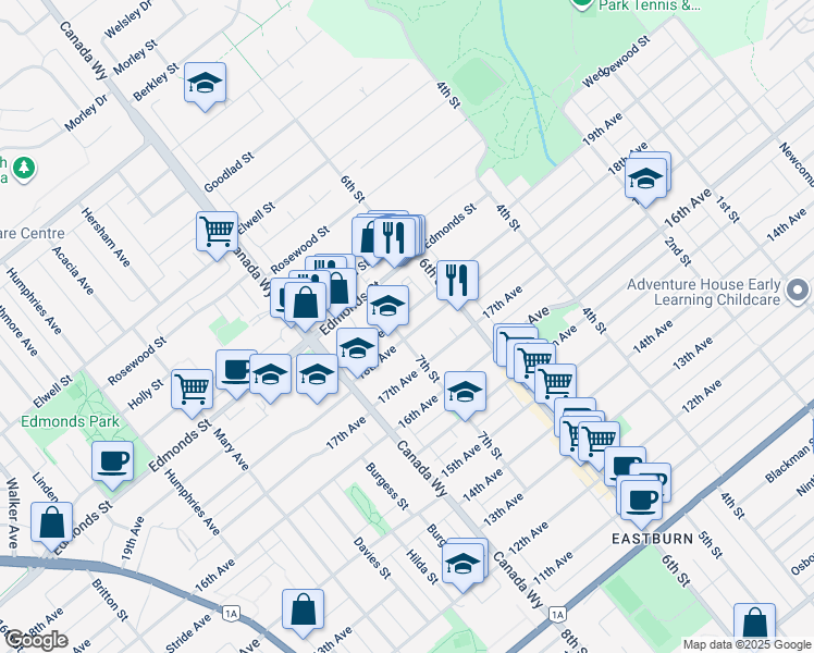map of restaurants, bars, coffee shops, grocery stores, and more near 7815 18th Avenue in Burnaby