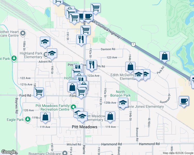map of restaurants, bars, coffee shops, grocery stores, and more near 19270 122A Avenue in Pitt Meadows