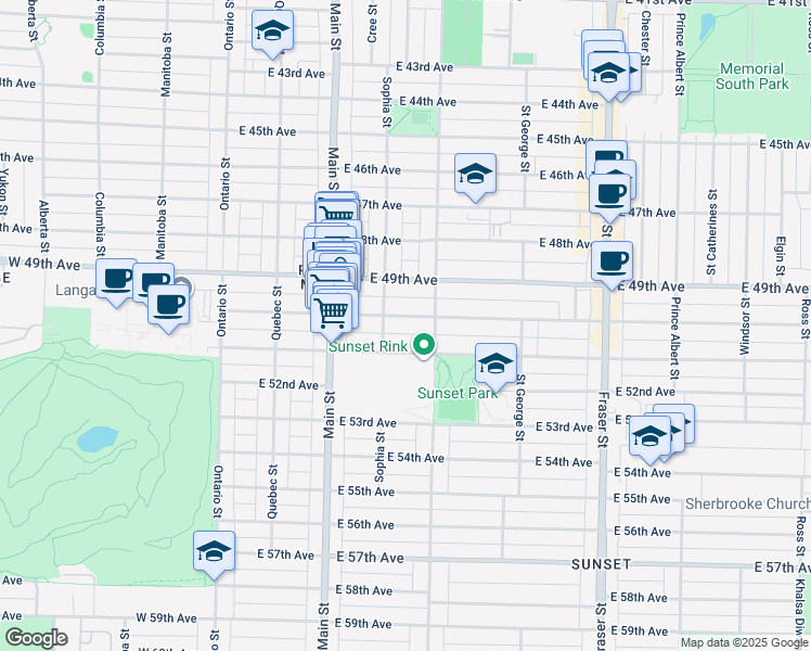 map of restaurants, bars, coffee shops, grocery stores, and more near 350 East 50th Avenue in Vancouver