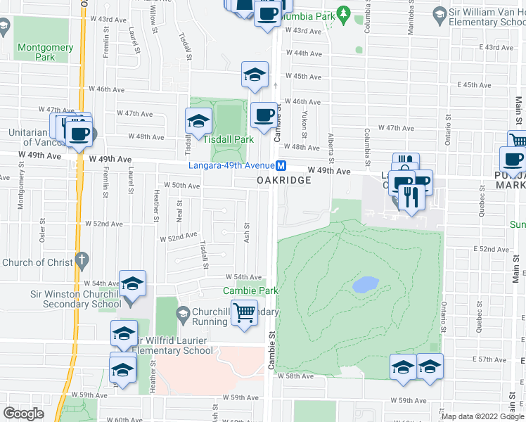 map of restaurants, bars, coffee shops, grocery stores, and more near in Vancouver