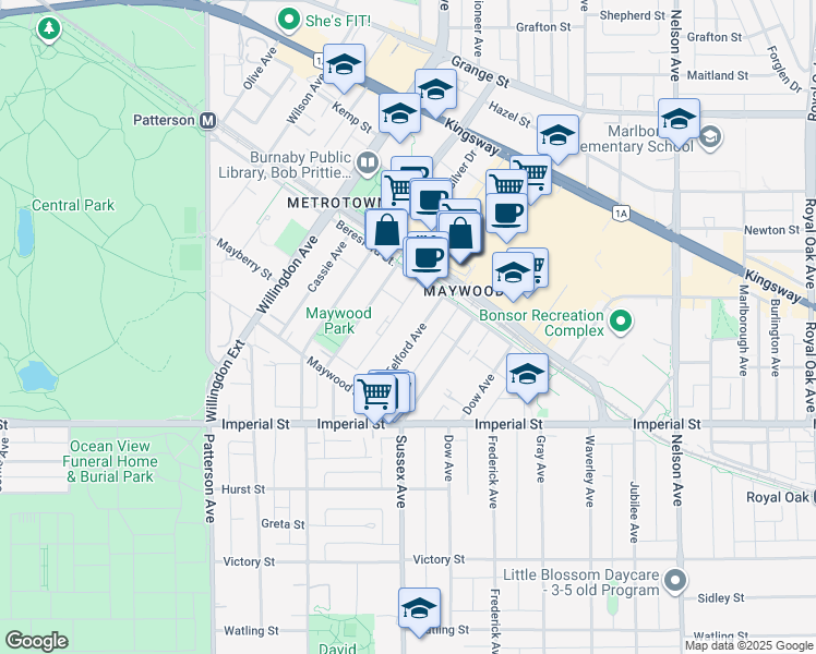 map of restaurants, bars, coffee shops, grocery stores, and more near 6537 Telford Avenue in Burnaby
