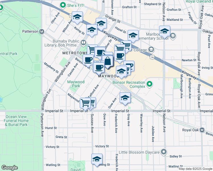 map of restaurants, bars, coffee shops, grocery stores, and more near 6511 Sussex Avenue in Burnaby