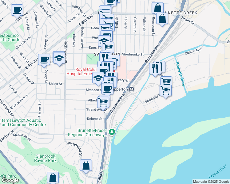 map of restaurants, bars, coffee shops, grocery stores, and more near 258 Nelson's Court in New Westminster