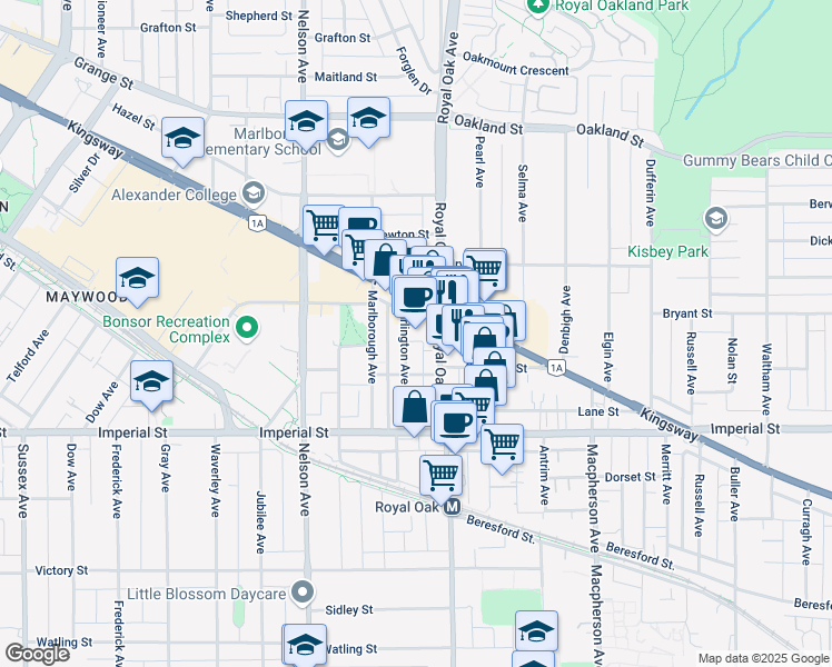 map of restaurants, bars, coffee shops, grocery stores, and more near 6540 Burlington Avenue in Burnaby