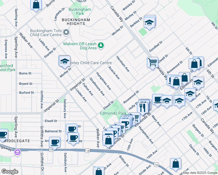 map of restaurants, bars, coffee shops, grocery stores, and more near Humphries Avenue in Burnaby