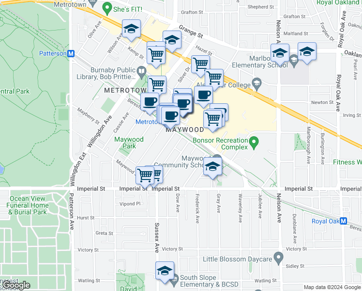 map of restaurants, bars, coffee shops, grocery stores, and more near 6511 Sussex Avenue in Burnaby