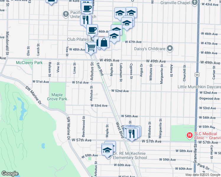 map of restaurants, bars, coffee shops, grocery stores, and more near 1989 West 52nd Avenue in Vancouver