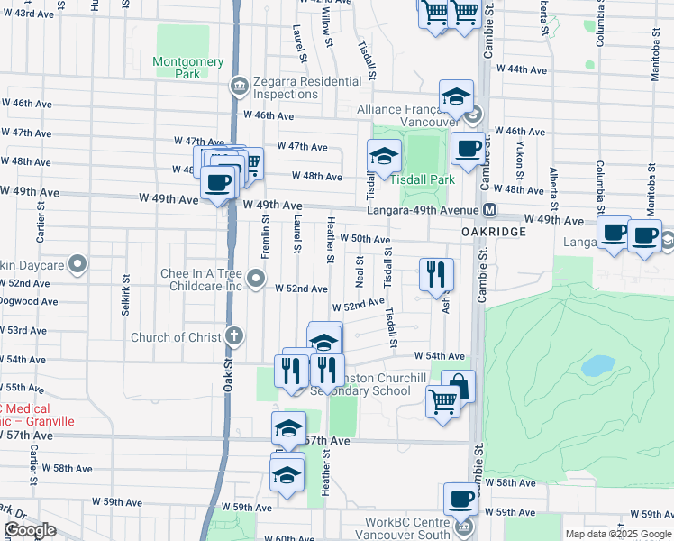 map of restaurants, bars, coffee shops, grocery stores, and more near 6730 Heather Street in Vancouver
