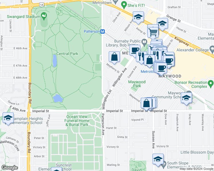 map of restaurants, bars, coffee shops, grocery stores, and more near in Burnaby