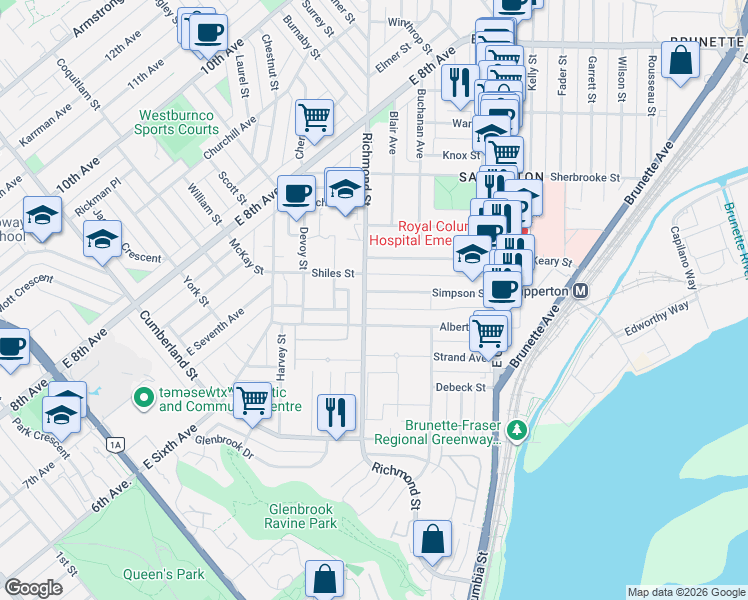 map of restaurants, bars, coffee shops, grocery stores, and more near 374 Simpson Street in New Westminster