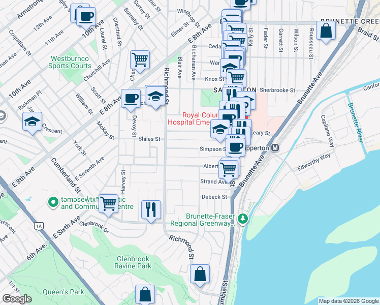 map of restaurants, bars, coffee shops, grocery stores, and more near 348 Simpson Street in New Westminster