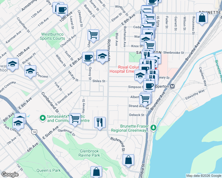 map of restaurants, bars, coffee shops, grocery stores, and more near 374 Simpson Street in New Westminster