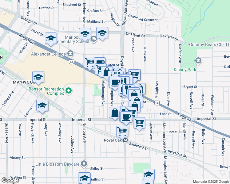 map of restaurants, bars, coffee shops, grocery stores, and more near 6540 Burlington Avenue in Burnaby
