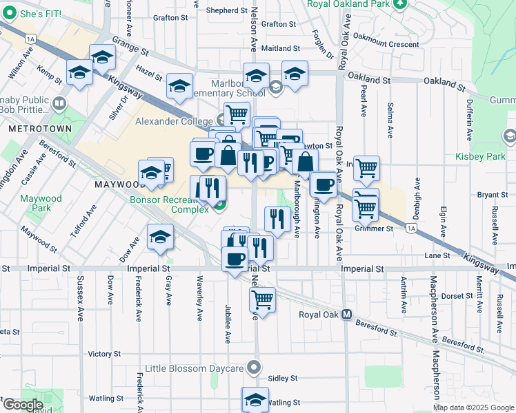 map of restaurants, bars, coffee shops, grocery stores, and more near 6538 Nelson Avenue in Burnaby