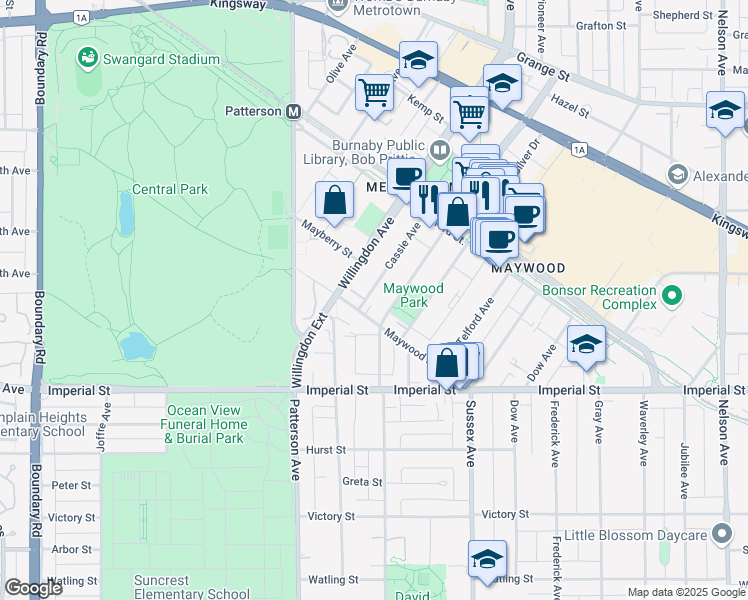 map of restaurants, bars, coffee shops, grocery stores, and more near 6460 Cassie Avenue in Burnaby