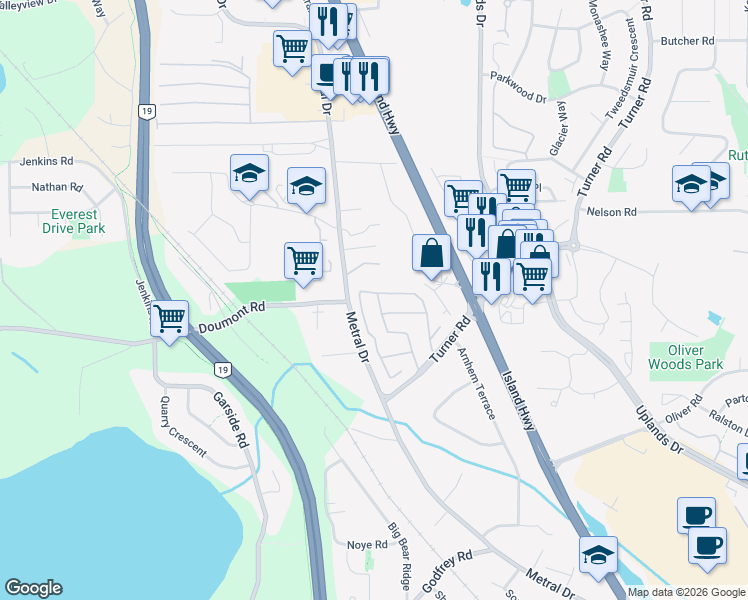 map of restaurants, bars, coffee shops, grocery stores, and more near 5854 Turner Road in Nanaimo
