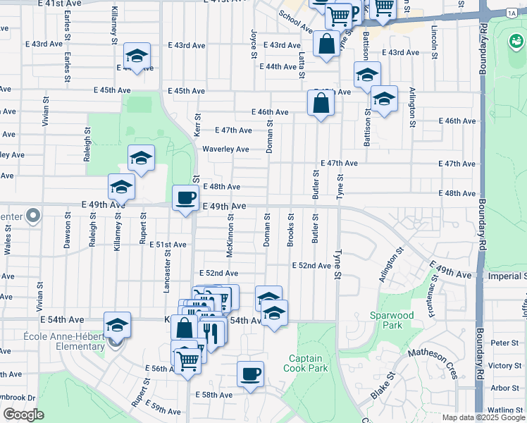 map of restaurants, bars, coffee shops, grocery stores, and more near 6507 Doman Street in Vancouver