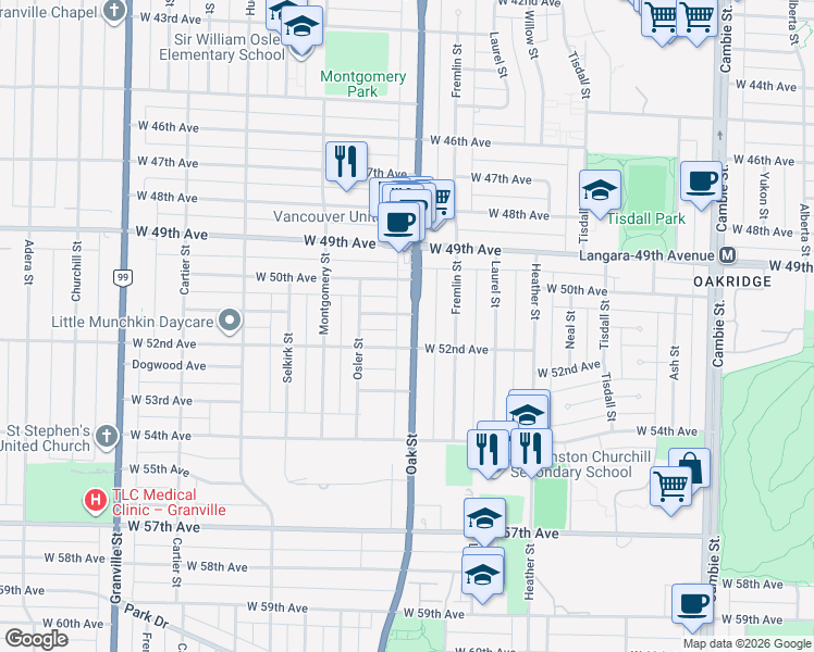 map of restaurants, bars, coffee shops, grocery stores, and more near 6727 Oak Street in Vancouver