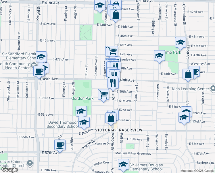 map of restaurants, bars, coffee shops, grocery stores, and more near 1961 East 50th Avenue in Vancouver