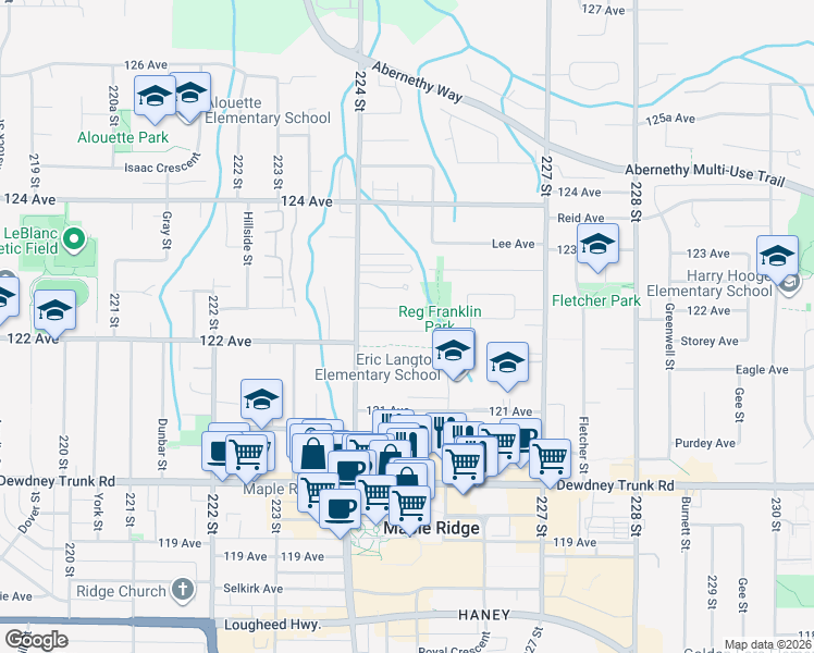 map of restaurants, bars, coffee shops, grocery stores, and more near 12186 224 Street in Maple Ridge