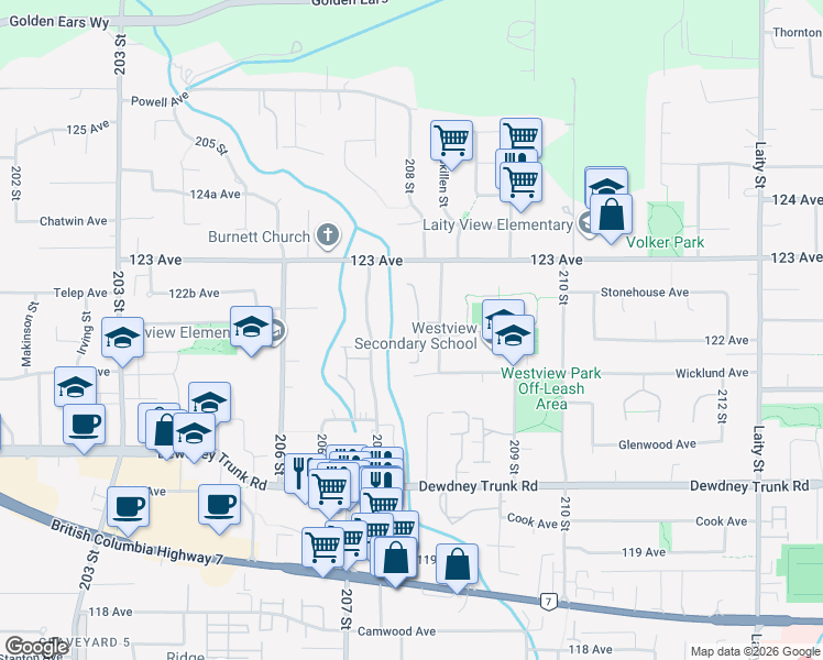 map of restaurants, bars, coffee shops, grocery stores, and more near 12206 207A Street in Maple Ridge