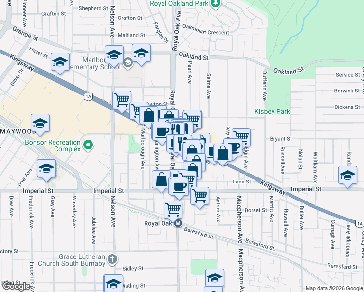 map of restaurants, bars, coffee shops, grocery stores, and more near 5242 Kingsway in Burnaby