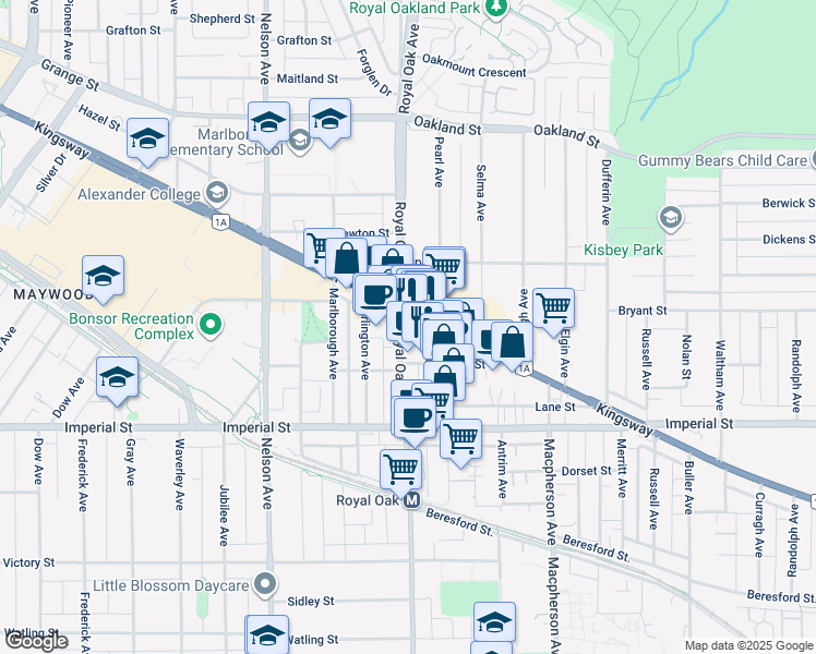 map of restaurants, bars, coffee shops, grocery stores, and more near in Burnaby