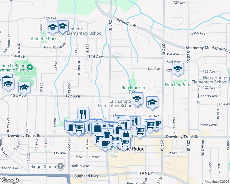 map of restaurants, bars, coffee shops, grocery stores, and more near in Maple Ridge