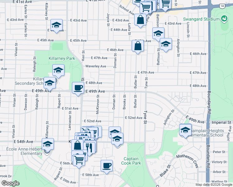 map of restaurants, bars, coffee shops, grocery stores, and more near 6520 Doman Street in Vancouver