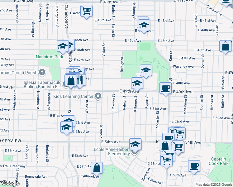 map of restaurants, bars, coffee shops, grocery stores, and more near 2792 East 49th Avenue in Vancouver