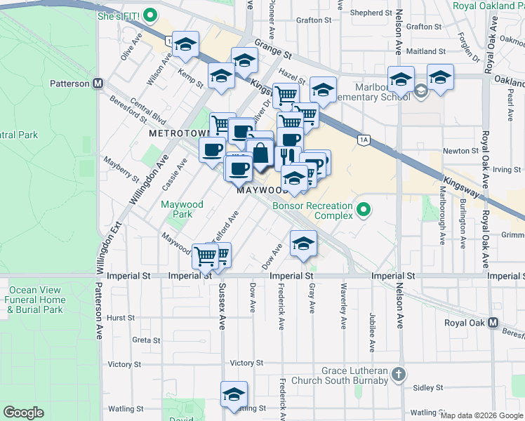 map of restaurants, bars, coffee shops, grocery stores, and more near 6511 Sussex Avenue in Burnaby