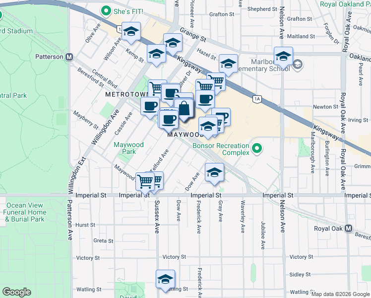 map of restaurants, bars, coffee shops, grocery stores, and more near 6511 Sussex Avenue in Burnaby