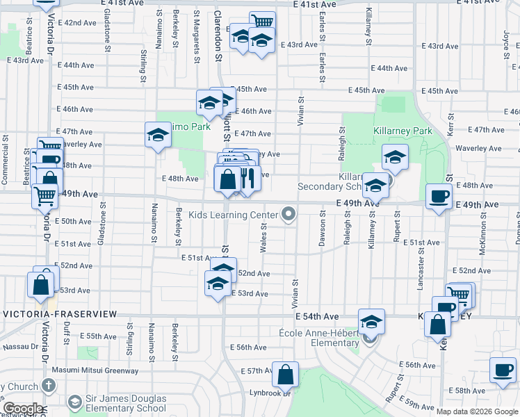 map of restaurants, bars, coffee shops, grocery stores, and more near 6505 Wales Street in Vancouver
