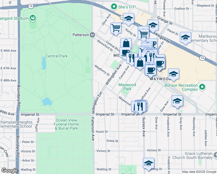 map of restaurants, bars, coffee shops, grocery stores, and more near in Burnaby