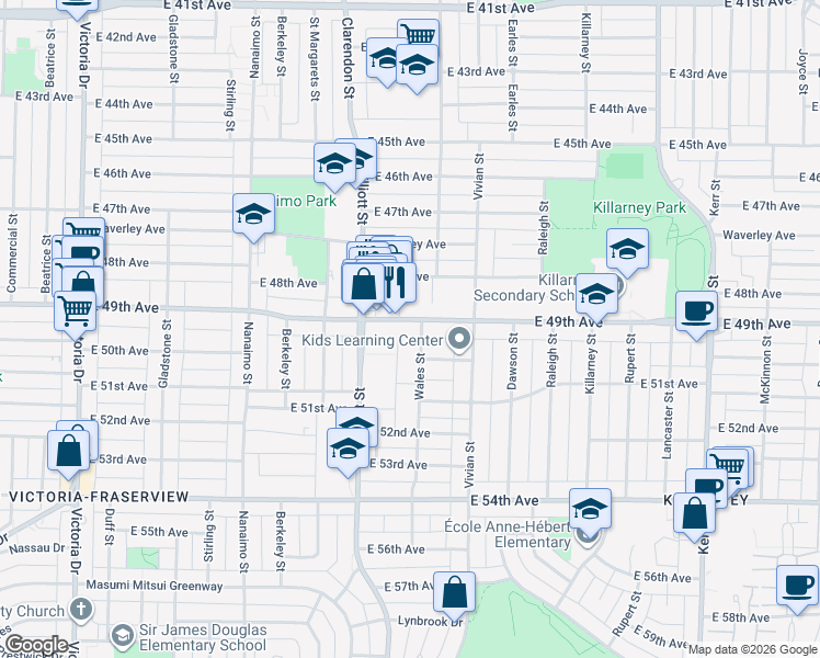 map of restaurants, bars, coffee shops, grocery stores, and more near 2662 East 49th Avenue in Vancouver