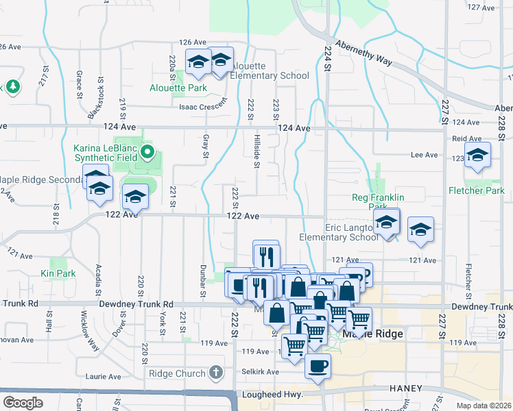map of restaurants, bars, coffee shops, grocery stores, and more near 22260 122 Avenue in Maple Ridge