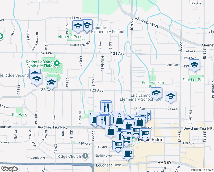 map of restaurants, bars, coffee shops, grocery stores, and more near 22260 122 Avenue in Maple Ridge