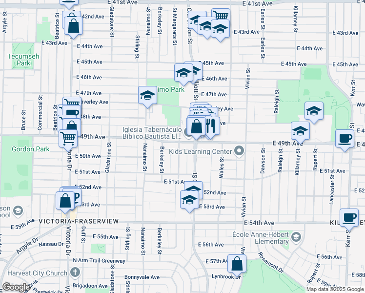 map of restaurants, bars, coffee shops, grocery stores, and more near 2514 East 49th Avenue in Vancouver