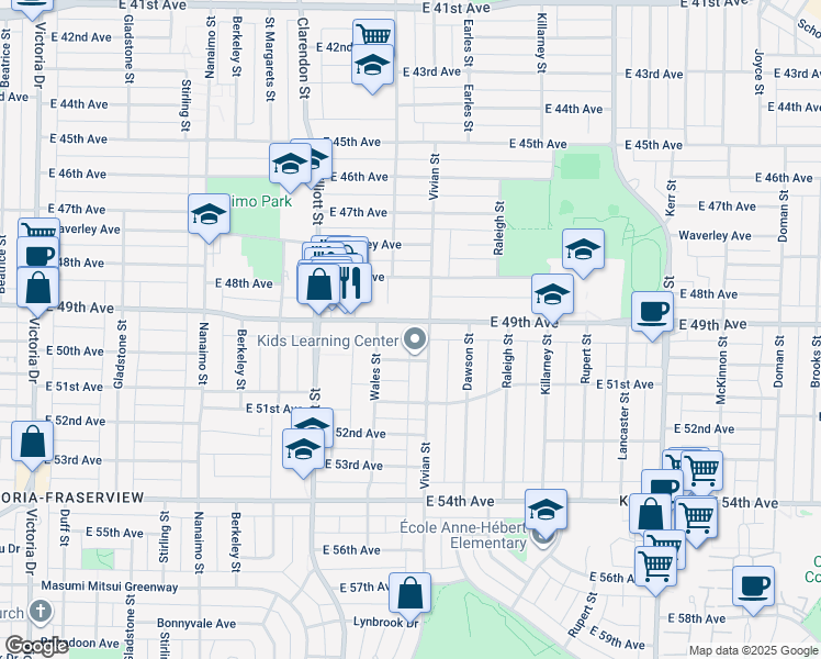 map of restaurants, bars, coffee shops, grocery stores, and more near 2716 East 49th Avenue in Vancouver