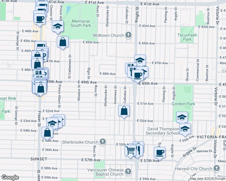 map of restaurants, bars, coffee shops, grocery stores, and more near 6563 Inverness Street in Vancouver