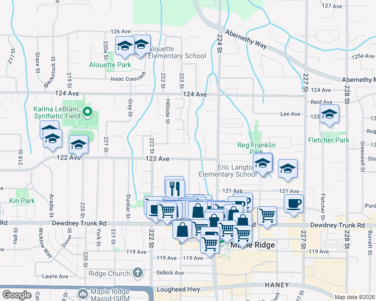 map of restaurants, bars, coffee shops, grocery stores, and more near in Maple Ridge