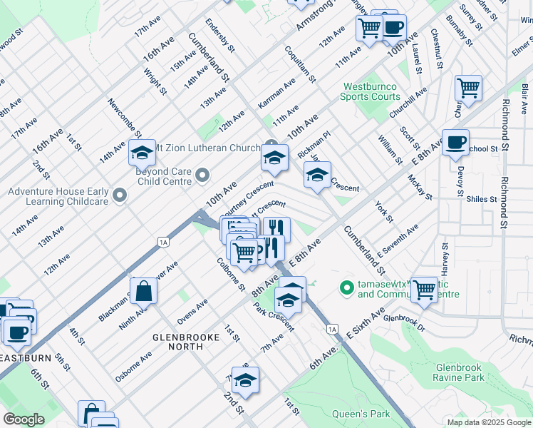 map of restaurants, bars, coffee shops, grocery stores, and more near in New Westminster