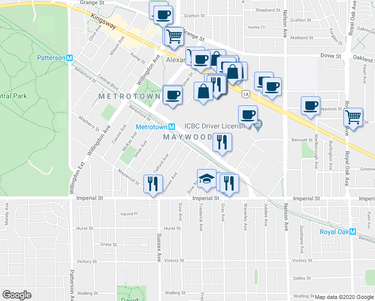 map of restaurants, bars, coffee shops, grocery stores, and more near 105-6621 Sussex Avenue in Burnaby