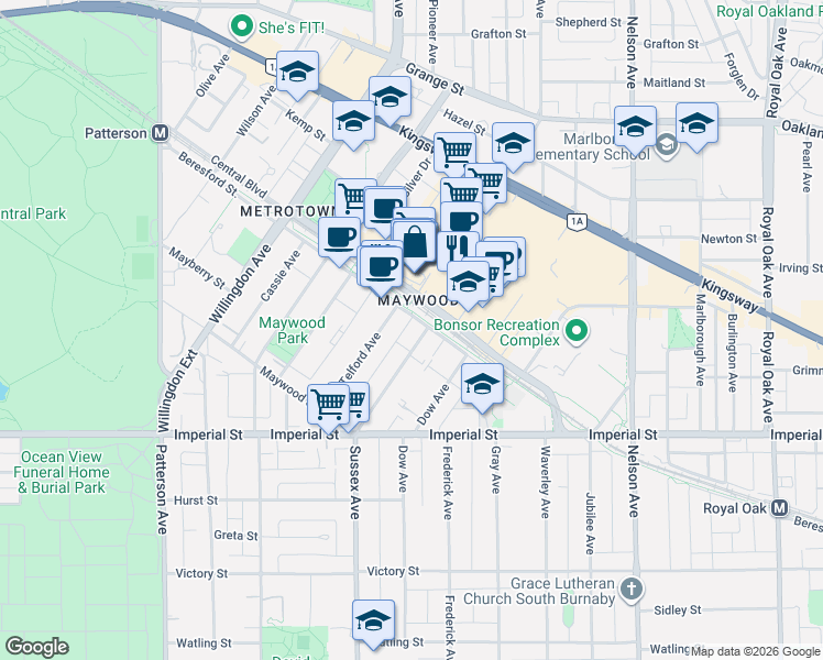 map of restaurants, bars, coffee shops, grocery stores, and more near 6511 Sussex Avenue in Burnaby