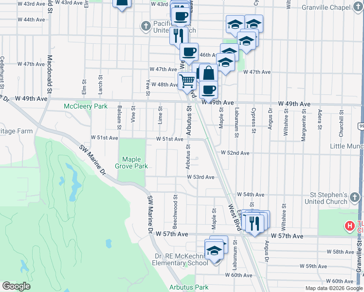 map of restaurants, bars, coffee shops, grocery stores, and more near in Vancouver