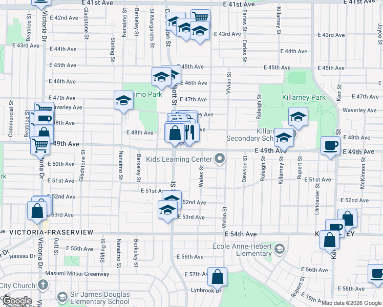 map of restaurants, bars, coffee shops, grocery stores, and more near 2612 East 49th Avenue in Vancouver