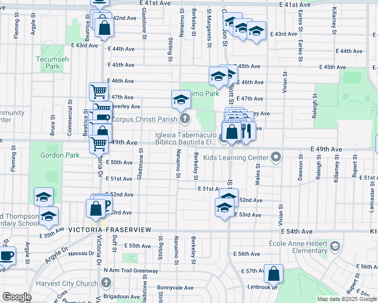 map of restaurants, bars, coffee shops, grocery stores, and more near 2350 East 49th Avenue in Vancouver